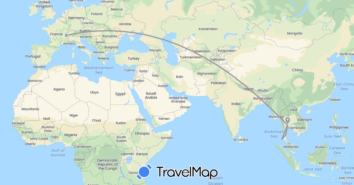 TravelMap itinerary: driving, plane in Switzerland, Thailand (Asia, Europe)